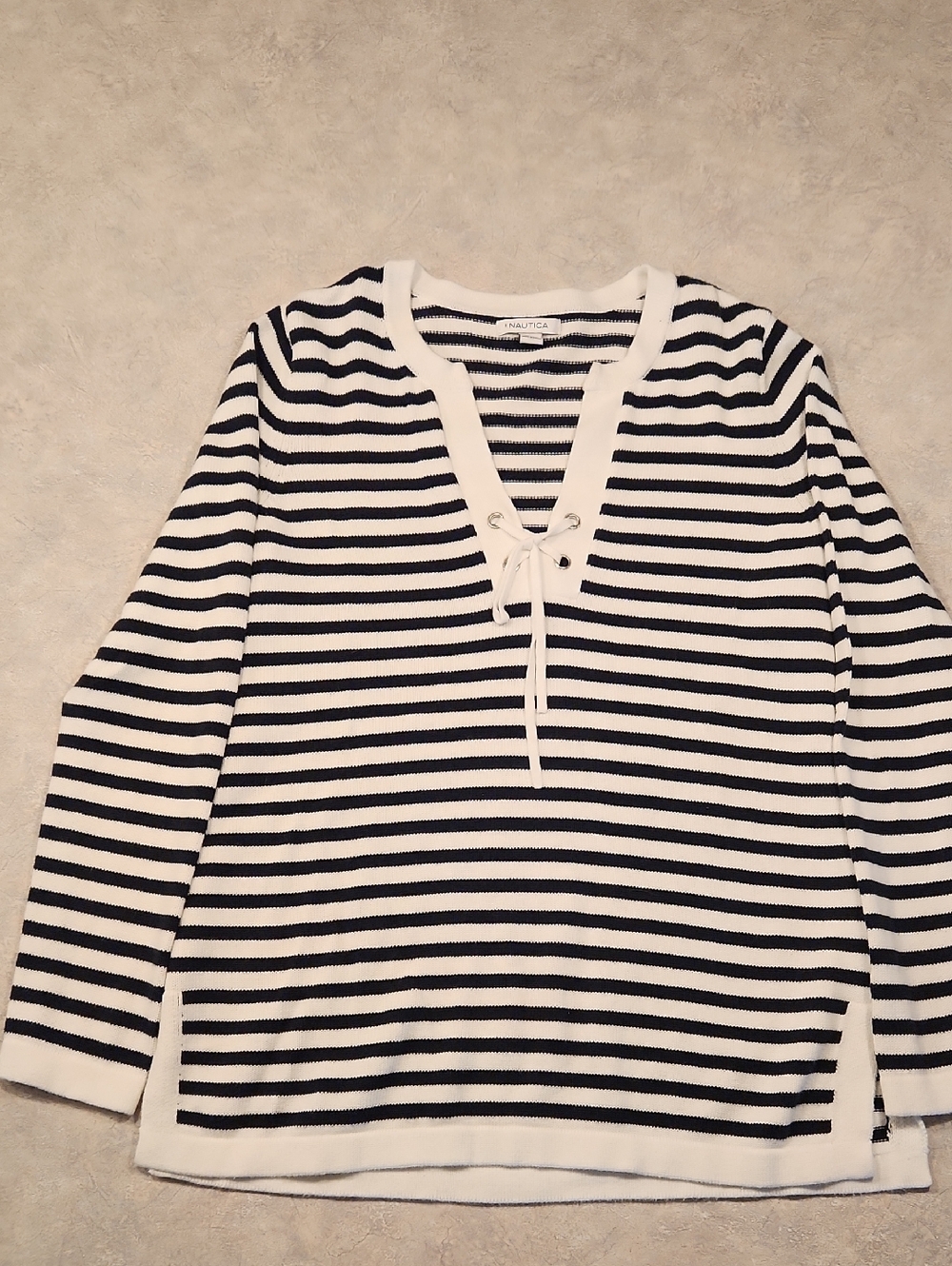 Nautica Navy and White Striped Lace-Up Knit Top